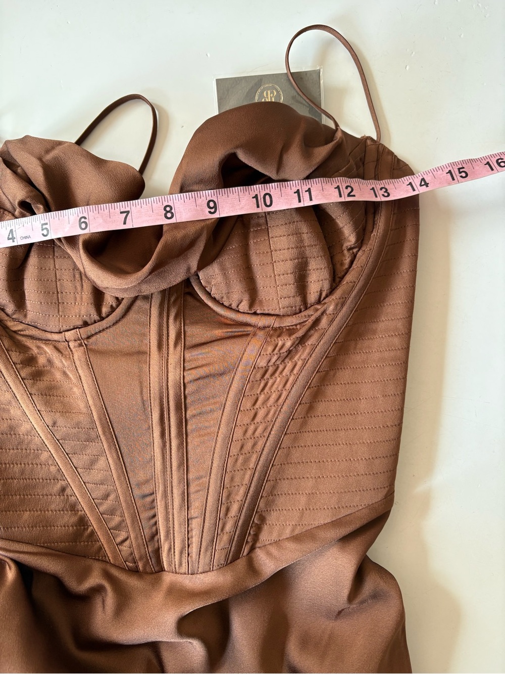 House of CB || Myrna Satin‎ Cowl Neck Midi Dress Corset Brown S Regular Cup NWT - Picture 10 of 13
